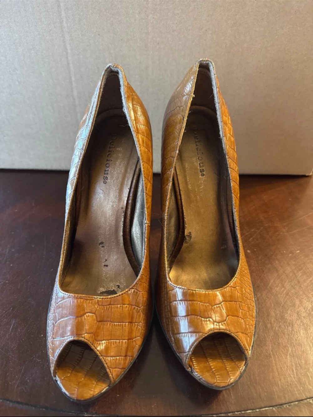 Delicious Croc-Embossed Peep-Toe Heels in Tan